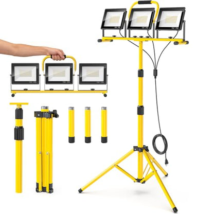 LED Work Lights with Stand: 3 Head Adjustable Work Light with Individual Switch, IP66 Waterproof Foldable Outdoor Tripod Light for Job Site Construction Lighting, Tool Gifts for Men - style: ‎3 Heads