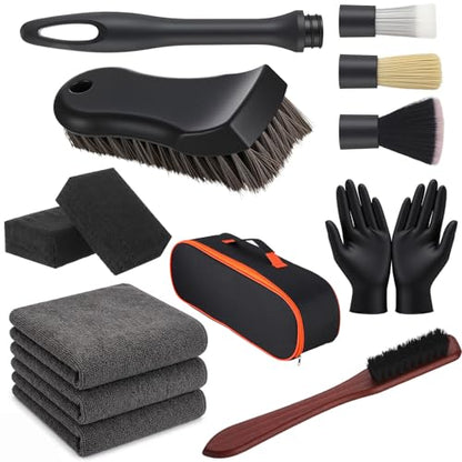 12PCS Car Cleaning Kit, Leather Brush Car Detailing Interior Set, Horsehair Seat Brushes, Auto Detail Brush, Microfiber Towels, Applicator Pads & Storage Bag, Automotive Supplies