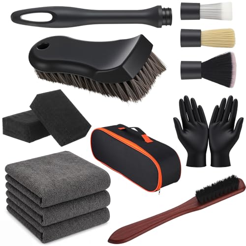 12PCS Car Cleaning Kit, Leather Brush Car Detailing Interior Set, Horsehair Seat Brushes, Auto Detail Brush, Microfiber Towels, Applicator Pads & Storage Bag, Automotive Supplies