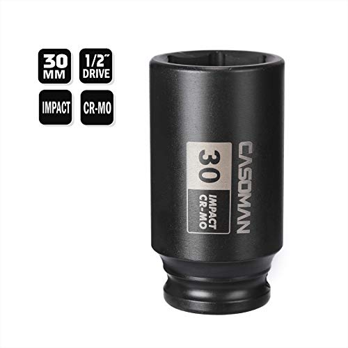 CASOMAN 1/2" Drive x 30 mm Deep 6 PT Impact Socket, CR-MO, 1/2-inch Drive 6 Point Axle Nut Socket for Easy Removal of Axle Shaft Nuts (30MM) - size: 30 mm (Deep), style: 6-Point Socket