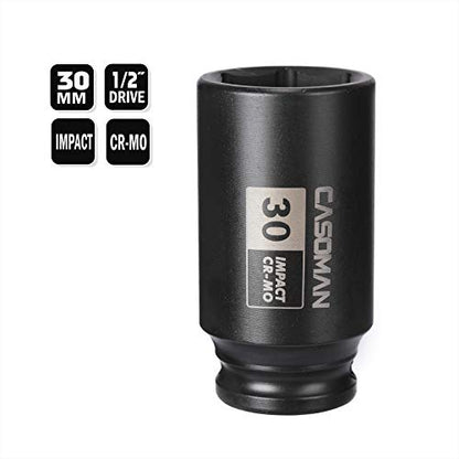 CASOMAN 1/2" Drive x 30 mm Deep 6 PT Impact Socket, CR-MO, 1/2-inch Drive 6 Point Axle Nut Socket for Easy Removal of Axle Shaft Nuts (30MM) - size: 30 mm (Deep), style: 6-Point Socket
