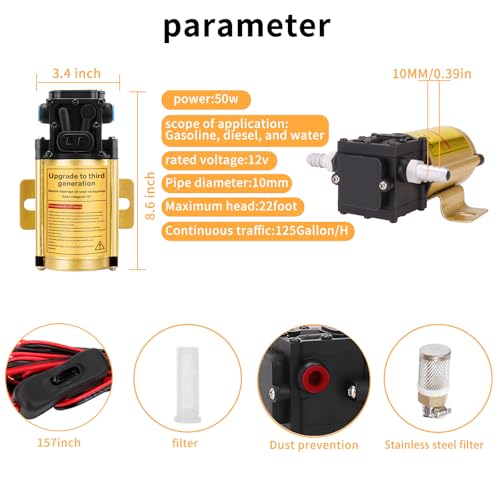 12 V Fuel Gasoline Transfer Pump Kit,Transfers Up to 125 Gallons of Gasoline Diesel Water per hour,Gas Transfer Pump Fit for Vehicles,Boats,Equipment(No Working Temperature During Use) - color: 3 kit-gold