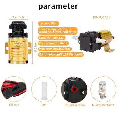 12 V Fuel Gasoline Transfer Pump Kit,Transfers Up to 125 Gallons of Gasoline Diesel Water per hour,Gas Transfer Pump Fit for Vehicles,Boats,Equipment(No Working Temperature During Use) - color: 3 kit-gold