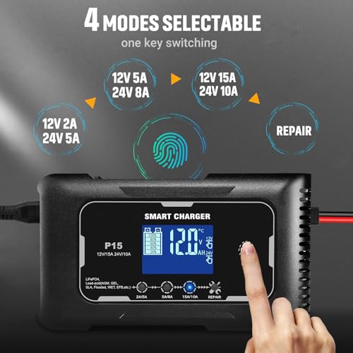 Car Battery Charger, 12V/24V 15A Lead-Acid LiFePO4 Smart Battery Charger | Fast Battery Charger for Lead-Acid(AGM/Gel/SLA/EFB) and LiFePO4, Trickle Charger Maintainer for Car, Motorcycle and More