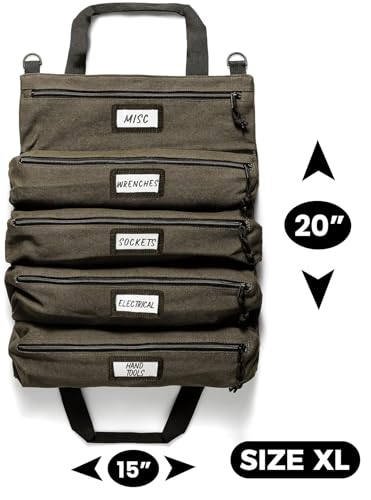 Official Voyager Tool Roll Bag, 5-Pocket 20 x 15 in, ArmyGreen, Made in USA | Easy to Carry Roll Up Tool Bag, 20oz Canvas, Rust-Proof YKK Zippers, Secure Buckle, Durable Gift for Electricians, Mechanics - color: Army Green, size: Voyager - Extra Large (20