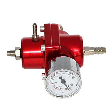 Universal Adjustable Fuel Pressure Regulator Kit with 0-140 PSI Gauge Aluminum Gas Oil Injection Pressure Regulator Red FPR - color: Red