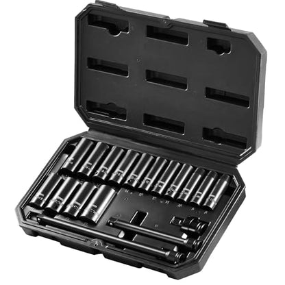 VEVOR Drive Impact Socket Set 3/8" - 18 Piece Deep Socket Set Metric 8-22mm - 6 Point CR-V Alloy Steel for Auto Repair - Easy-to-Read Size Markings - Rugged Construction Includes Storage Case - style: 3/8" 18PCS