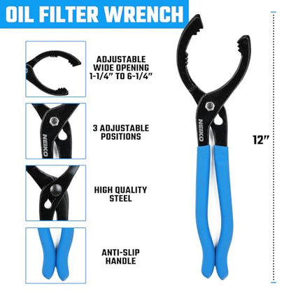 NEIKO 03422A Oil Filter Wrench, 12” Adjustable Oil Filter Pliers, 3 Adjustable Positions, Fits 2-3/8” to 4-1/2”, Oil Change Tools, Filter Removal Tool - style: 12" Oil Filter Wrench