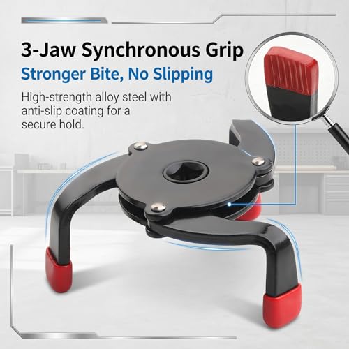 Car Oil Filter Wrench, 3-jaw Adjustable Filter Wrench with Variable Diameter Sleeve Adapter, One-way Anti-slip Steel Removal Tool, Portable Tool for Most Cars SUVs Trucks (Black)