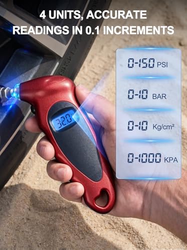 Digital Tire Pressure Gauge 150 PSI, Accurate in 0.1 Increments,1 Pack Tire Pressure Gauge with Backlight LCD, 4 Units (PSI/Bar/Kgf/cm²/KPA) Applicable to Car Truck Bicycle, Red - color: Red