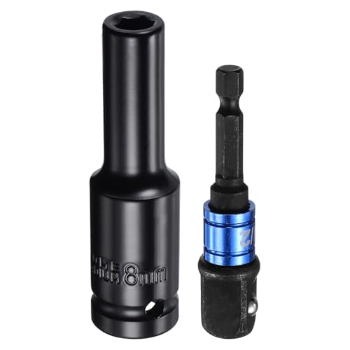HARFINGTON Deep 6-Point Impact Socket 1/2" Drive 8mm Metric Socket 3" Length with 1/4" Hex Shank Adapter, CR-V Steel Socket Adapter Accessory Tool Set Kit for Hex Bolts Nuts - size: 8mm