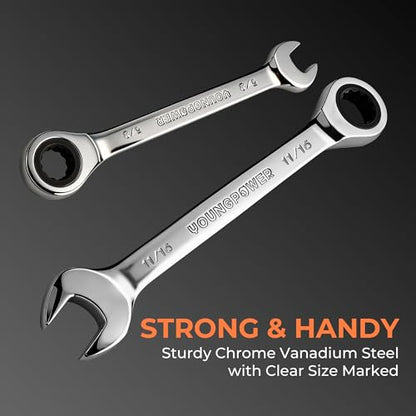8-Piece SAE Ratcheting Combination Wrench Set, 72-Tooth, CR-V Steel | Mirror Polished, 12-Point Design, Rolling Pouch Included, Ideal for Domestic Automotive Repairs and Home Garage Projects - size: 5/16"-3/4"