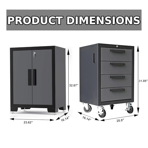 Torin Garage Storage Cabinets System, 9 Piece Workshop Cabinet Set in Black | Included Steel Drawers Rolling Chest,Locked Storage Cabinet, Perfect for Organizing Garage and Tools, 129.92", Black/Grey