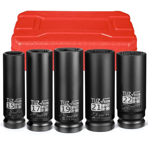 5 Pieces 1/2 inch Drive Deep Impact Socket Set, Metric,15mm 17mm 19mm 21mm 22mm,Cr-Mo,6-Point,Spindle Axle Nut Impact Socket | Cr-Mo, Radius Corner Design, Spindle Axle Nut Impact Socket, 6-Point