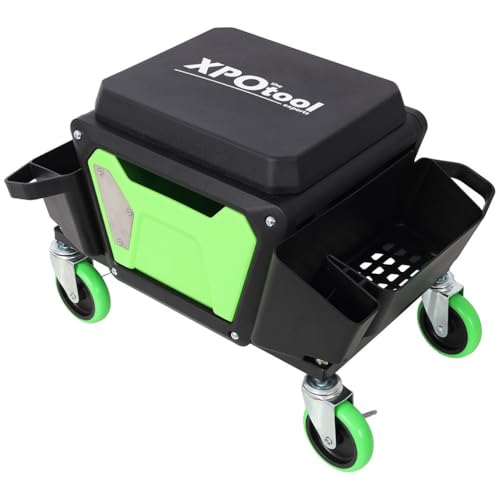 Rolling Mechanic Stool with Drawer and Tool Trays, Heavy Duty Garage Creeper Seat with Wheels, 330 lbs Capacity Workshop Rolling Work Seat, Padded Mechanics Stool for Auto Repair, Garage & Workshop