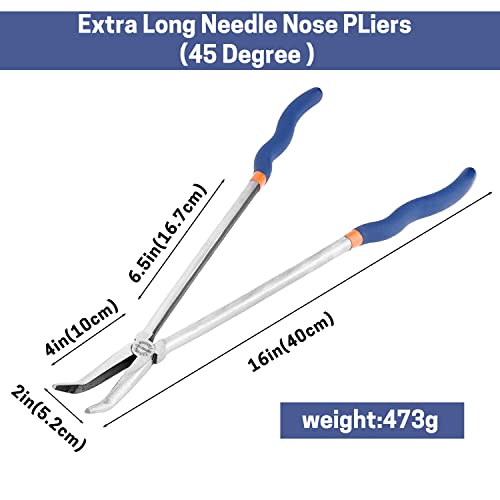 16'' Extra Long Needle Nose Pliers for Narrow and Limited Spaces | 45-Degree Angled Nose, Long Reach Design, CRV Steel, Comfortable Grip, for Mechanics, Electricians, DIYers and Homeowners - style: 16'' 45 Degree Angle