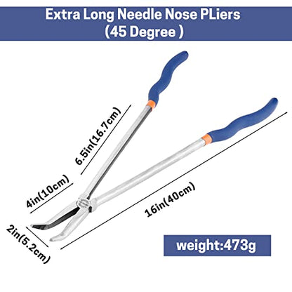 16'' Extra Long Needle Nose Pliers for Narrow and Limited Spaces | 45-Degree Angled Nose, Long Reach Design, CRV Steel, Comfortable Grip, for Mechanics, Electricians, DIYers and Homeowners - style: 16'' 45 Degree Angle