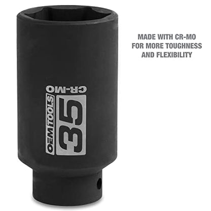 OEMTOOLS 25153 1/2 Inch Drive 35mm Axle Nut Socket, 6 Point Design Ensures Superior Grip, Professional Quality for Automotive Repair, Durable Socket Wrench for Mechanics | CR-MO 35mm Impact Socket, Black Oxide Finish to Resist Rust, 6 Pt. 35mm Socket, Use