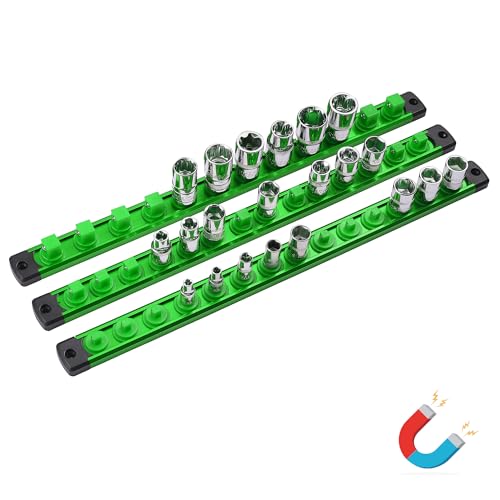 ALOANES Magnetic Socket Organizer Set, 3-Piece Heavy Duty Aluminum Socket Holder Socket Rail Organizer for Tool Box, 360° Swivel Clips Socket Rack 1/4, 3/8, 1/2-Inch x 40 Clips (Green) - color: Green, size: 3PC (1/4, 3/8, 1/2-Inch Drive)