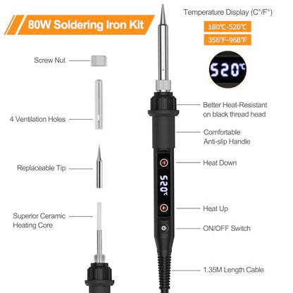 Soldering Iron Kit 80W LED Soldering Gun Adjustable Temp 356-968℉ 15s Fast Heating Electronics Welding Tools Precision Repair with Solder Wire, 5 Soldering Tips, Desoldering Pump, Stand, Tweezers
