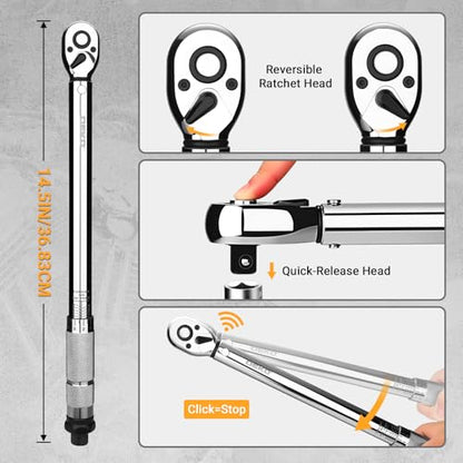 DEKOPRO Torque Wrench 3/8 Inch Drive Click, 5-50 Ft-Lb/6.8-67.8 Nm Torque Wrench, ±3% High Precision, 72 Tooth Torque Wrenches with Dual-Direction Adjustable for Bike Motorcycle and Car Repair - size: 3/8 Inch (5-50 ft.-lb.)