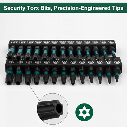 27pcs Impact Security Torx Set, S2 Steel Star Driver Kit (T7-T40), Dual Lengths 25mm & 50mm with Magnetic Bit Holder, Mixed Solid & Tamper-Proof CNC Tips for Automotive & DIY Repairs - size: 27 Pieces