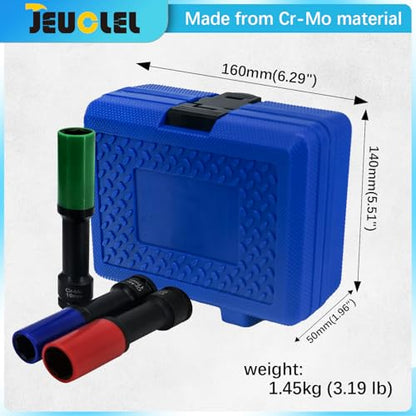 3PCS Lug Nut Socket Set, 1/2" Drive Impact Extra-Long Impact Socke | 17mm, 19mm, 21mm, 6 Point, Non-Marring, Thin Wall, Deep Socket, Wheel Protector, Protective Socket, Color-Coded, Cr-Mo Steel