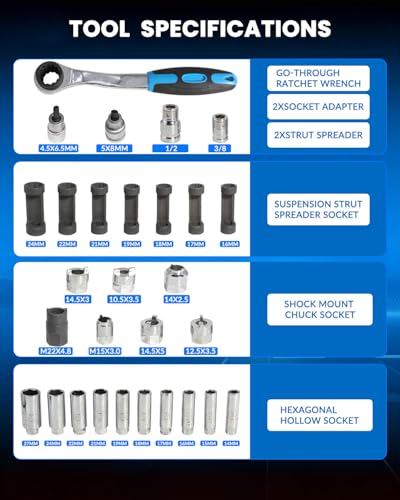 DPTOOL 60pc Shock Absorber ToolShock Absorber Strut Nut RemovalFixed Kit | Steering Hub Suspension Strut Spreader Remove Socket with Ratchet Adaptors