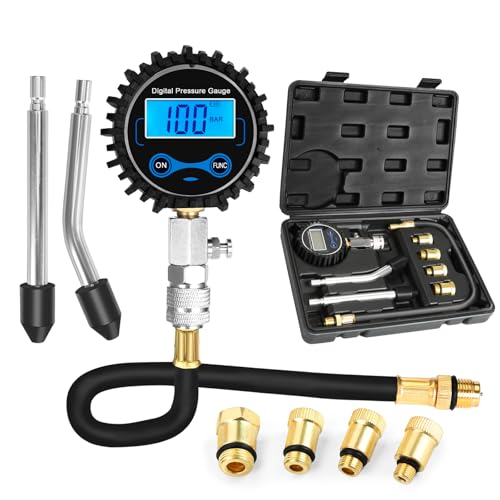 BETOOLL 8pcs Compression Tester Automotive - Digital Compression Gauge 0-300PSI for Petrol Engine Cylinder Compression Tester Tool Kit with Adapters & Hose - color: Black