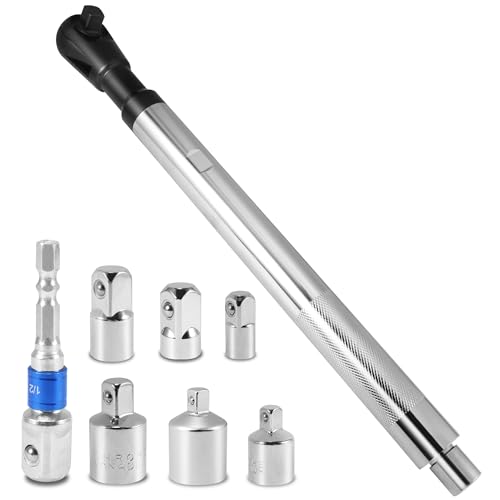 1/2" Offset Extension Wrench, Impact Ratchet Extender for Electric Drill with 6 Adapters & Sockets(3/8" 1/4" 1/2" )& 1/2'' Impact Adapter, High Torsion Wrench Set Slim Design for Tight Narrow Spaces - color: Sliver