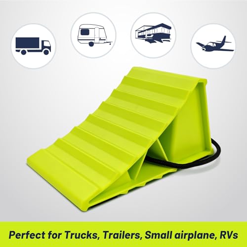 ROBLOCK 4 Pairs Wheel Chocks for Travel Trailers, Non Slip Base Heavy Duty Green Camper Wheel Chockwith Rope, Lightweight Wheel Stoppers for Cars, Camper Trucks, RVs, Easy to Carry, Green