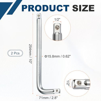 HARFINGTON 2 Pcs Socket Breaker Bar 1/2" Drive 10" Long 50BV30 Alloy Steel L-Shape Extension Bar Axle Nut Socket Wrench Hand Tool for Car Mechanical Equipment Repair, Silver - size: 1/2"x10"