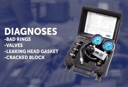 OTC 5609 Cylinder Leakage Tester Kit - Quickly Diagnose Internal Engine Problems like Bad Rings, Valves, and Leaking Head Gaskets | Dual 2-1/2 Gauges, Pressure-Regulated Manifold, 24 Hose, 10/12/18 Mm Adapters, Hard Case