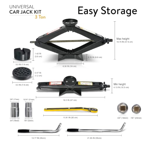 Car Jack Kit 3 Ton Scissor Jack with Cross Pad & Flat Pad Tire Jack Tool | Portable emergency kit, +1" extra lift, Low-profile vehicles, Lug wrench included, Work gloves, Storage bag