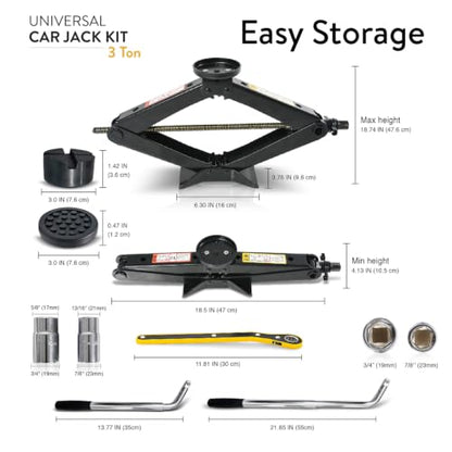 Car Jack Kit 3 Ton Scissor Jack with Cross Pad & Flat Pad Tire Jack Tool | Portable emergency kit, +1" extra lift, Low-profile vehicles, Lug wrench included, Work gloves, Storage bag