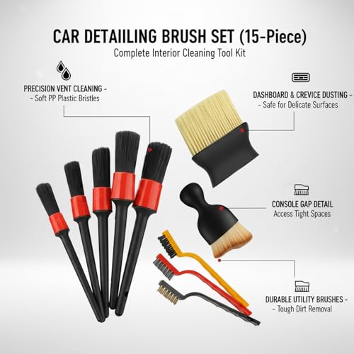 15-Piece Car Detailing Brush Set for Interior Vents, Dashboard Crevices & Console Gaps - Durable PP Plastic Cleaning Tool Kit - size: 6.3 x 4.33 x 0.98 in