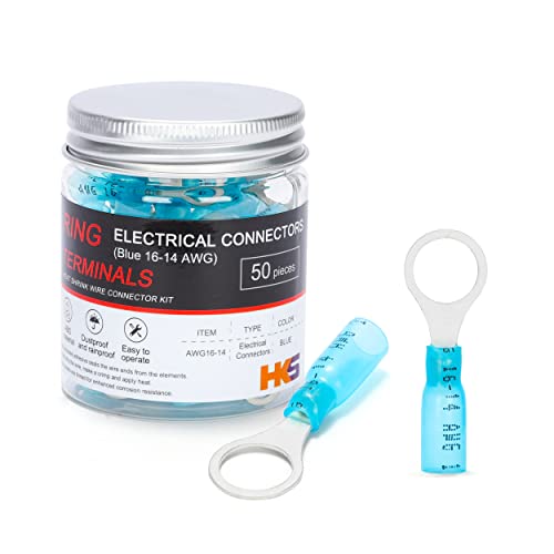 HKS 50 PCS Ring Terminals 3/8" Blue 16-14 AWG - M10 - Electrical Connectors - Heat Shrink Wire Connector Kit - Tinned Red Copper - Automotive Marine Ring Connectors - Waterproof and Insulated - size: 3/8" (M10)