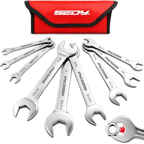 9-Piece Super Thin Open-End Wrench Set, SAE 1/4"-1-1/16", 3mm Thickness Slim Wrench Set for Tight Spaces, Nickel Plated Flat Wrenches with Rolling Storage Pouch - style: 9-Pc SAE (3mm Super Thin)
