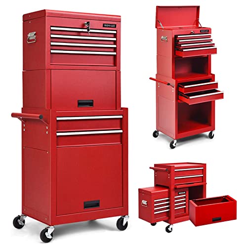 Goplus Tool Chest, 3-in-1 Rolling 6 Drawers Tool Cabinet with Detachable Top Toolbox, Middle Tool Storage, Universal Lockable Wheels, Protective Liner, Auto Lock, Metal Tool Box for Garage Workshop - color: Red, style: 6-Drawers with Middle Box