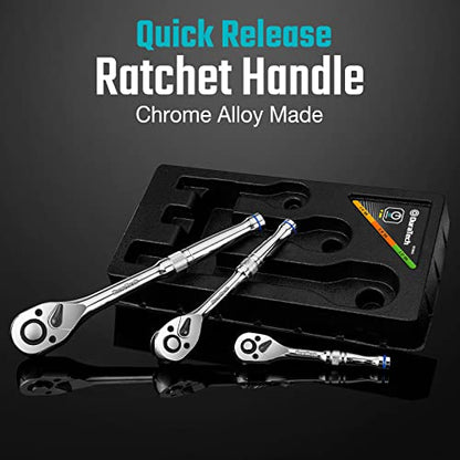 DURATECH 3-Piece Ratchet Set, 72-Tooth, 1/4" 3/8" 1/2" Drive | Quick-Release, Reversible, Chrome Alloy, Organized in Plastic Tray - style: Quick-Release