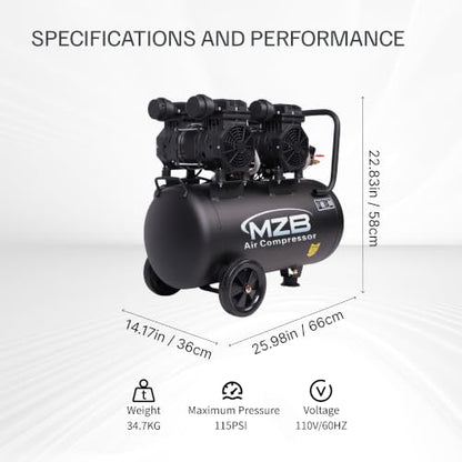 MZB 13.2 Gallon Ultra Quiet Air Compressor 115PSI Steel Tanks 70dB Noise Level Oil Free Air Compressor - size: MZB-1100H-50