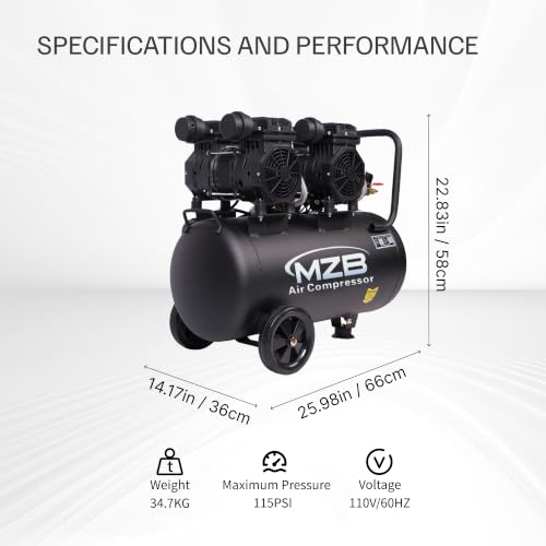 MZB 13.2 Gallon Ultra Quiet Air Compressor 115PSI Steel Tanks 70dB Noise Level Oil Free Air Compressor - size: MZB-1100H-50