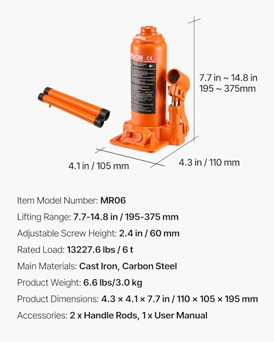 VEVOR Hydraulic Bottle Jack, 6 Ton (13227.6 lbs) Capacity, 7.7-14.8 Inch Lifting Range, Heavy Duty Welded Bottle Jack for Car, SUV, Pickup, Auto Repair, House Lift and Agricultural Equipment, Orange - size: 6T