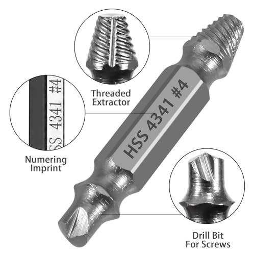 Damaged Screw Extractor Set, 5-Piece HSS 4341 Drill Bit Kit, Sizes #0-#4, Dual-Ended Design, for Stripped, Broken, and Rusty Screws, Grey Industrial Finish with Storage Cas
