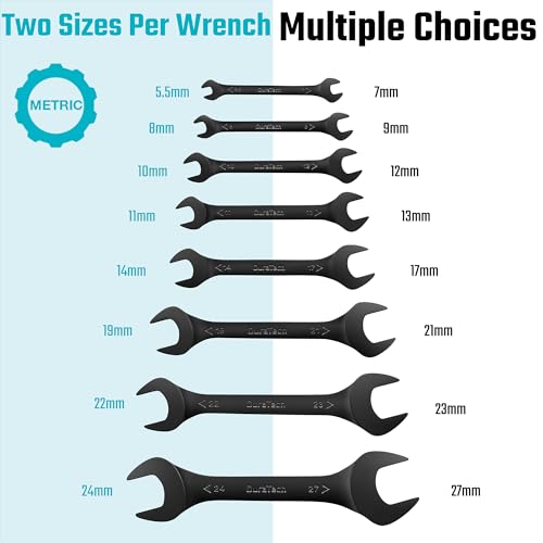 DURATECH Super-Thin Open End Wrench Set, Metric, 8-Piece, 5.5mm to 27mm, Black Electrophoretic Coating, with Rolling Pouch - color: Black, size: Metric