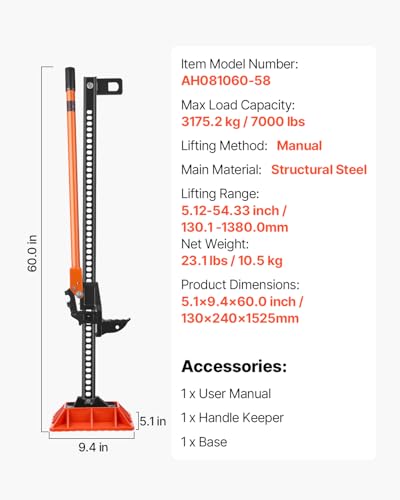 VEVOR Farm Jack with Base, 60" Utility High Lift Farm Jack, 3.18 Ton (7,000 lbs) Capacity Ratcheting Off Road Utility Jacks, Heavy-Duty Lift Jacks with 5.12"-54.33" Lifting Range for Tractor,Truck,SUV - size: 60 inch with Base