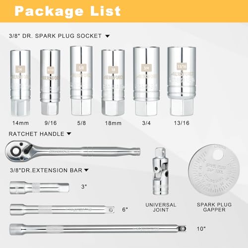 AEROFORCE 12PCS 3/8" Drive Spark Plug Socket Set with Ratchet Handle, Universal Joint, Extension Bar & Spark Plug Gapper, Fits 9/16", 5/8", 3/4", 13/16", 14mm, 18mm, CR-V Steel with Rubber Holder Ring - size: 12PCS
