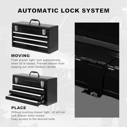 3 Drawer 20“ Metal Tool Box Portable Steel Tool Chest with Metal Latch Closure for Garage, Home and Workbench,Black - size: 20Inch-BLACK