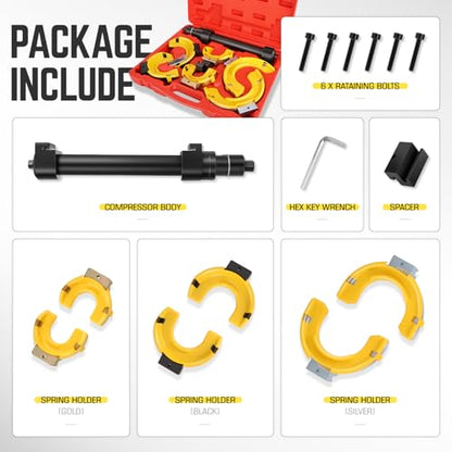 DNA Motoring Interchangeable Universal Strut Spring Compressor Kit, Fork Strut Coil Extractor Tool Set with Safety Guard and Storage Box, TOOLS-00784