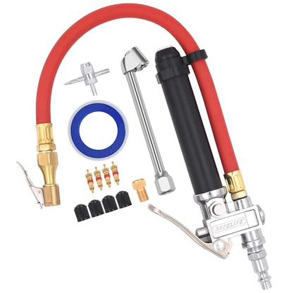 Tire Inflator 10-120 PSI Tire Pressure Gauge with 12 Inch Air Hose，Lock on Air Chuck, Heavy Duty 1/4'' NPT Tire Inflator Gauge Compatible with Air Pump Compressor for Car Truck Motorcycle Bike - size: 12" hose tire inflator gauge
